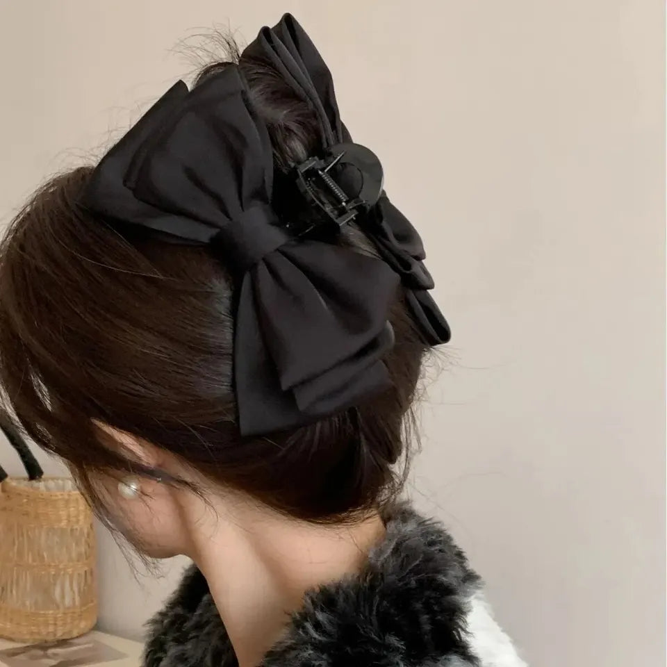 💫Elegant Black Satin Fabric Bow Hair Clip High-end Feel Hair Accessory💌