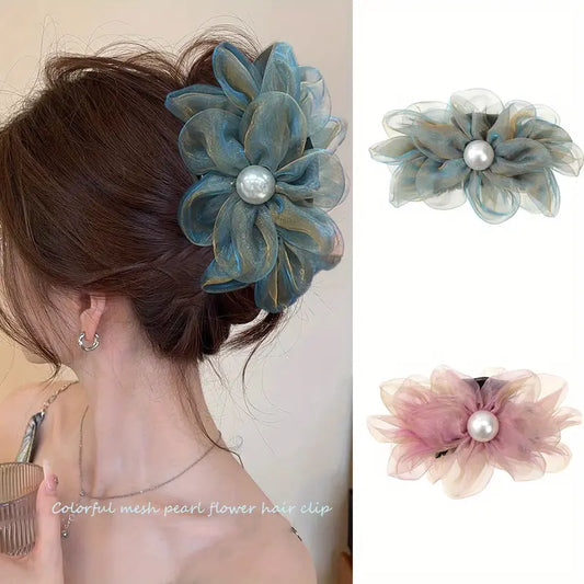 Elegant Vintage-Inspired Mesh Flower Hair Clip with Faux Pearls - Non-Slip, Perfect for Weddings