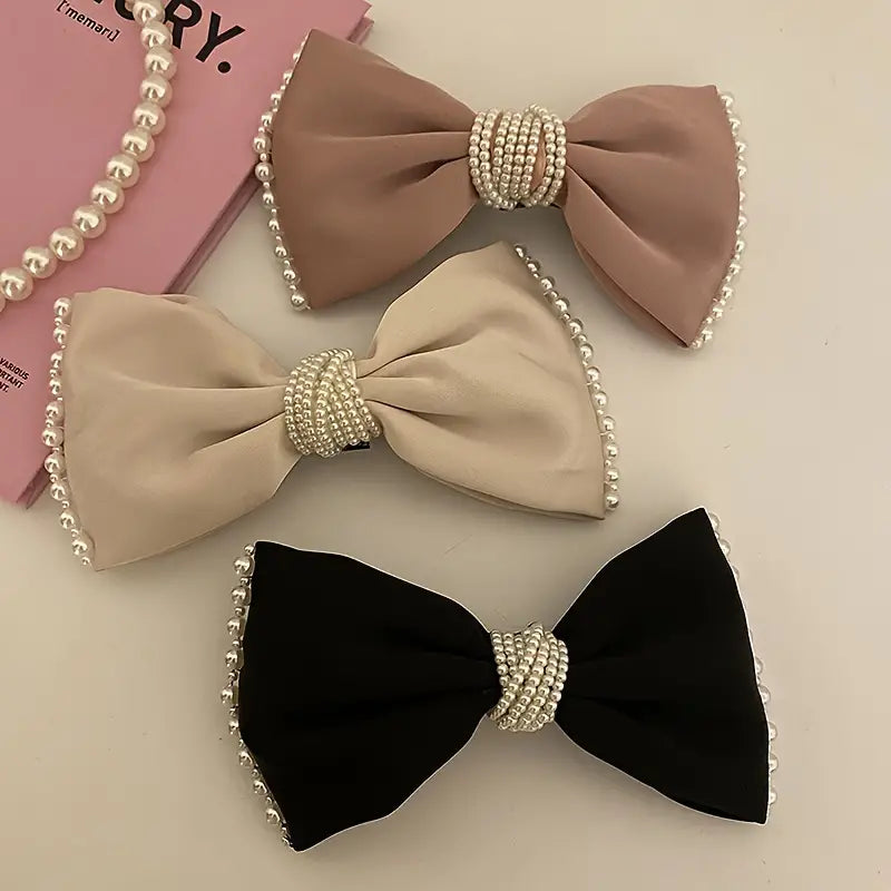 Elegant Sweet Fabric Bow Hair Clip with Imitation Pearl Accents, Solid Color Bow Tie Barrette for Women and Teens (Single Piece)