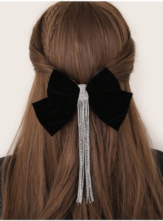 🌈1pc Women Rhinestone Tassel & Bow Decor Fashionable Hair Clip For Hair Decoration💙