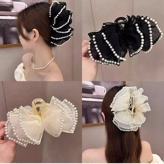 🌟French Pearl Bubble Clouds Hair Clip Female Large Bow Hair CLAW Hair Accessories 💯