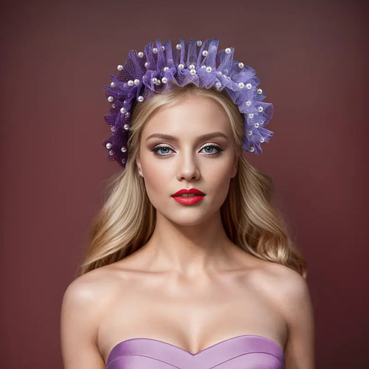 Purple Tulle Hair Hoop with Faux Pearls, Polyester Fiber Party Headband for Women