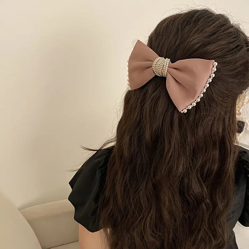 Elegant Sweet Fabric Bow Hair Clip with Imitation Pearl Accents, Solid Color Bow Tie Barrette for Women and Teens (Single Piece)