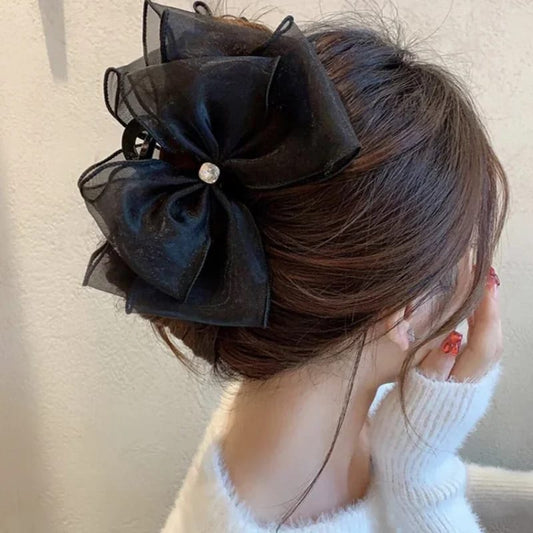 🌈KoreaN Sweet Mesh Tulle Big Bow Hair Claw Clips for Women White Black HAIR ACCESSORIES 💙