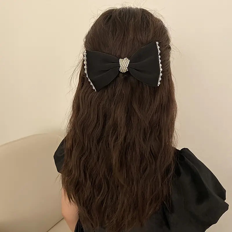 Elegant Sweet Fabric Bow Hair Clip with Imitation Pearl Accents, Solid Color Bow Tie Barrette for Women and Teens (Single Piece)