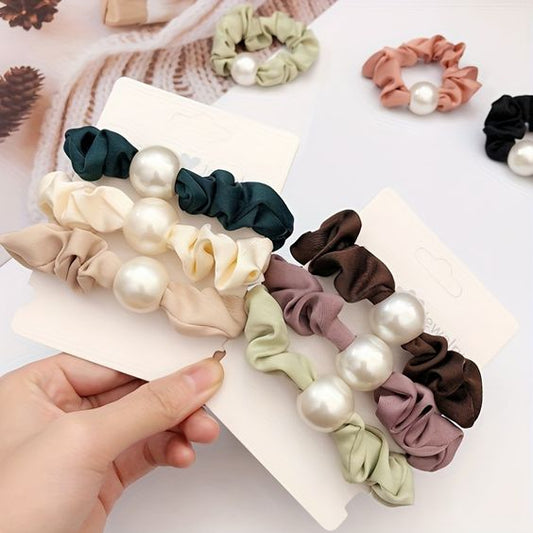 3PCS Pearl Hair Tie High Elasticity Wide Brim Scrunchie Cloth Hair Accessory For girls👑🌈