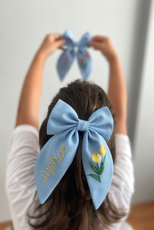 👑Personalized Custom Name Hair Bow Tulip Flower Hand Embroidered Bow💗