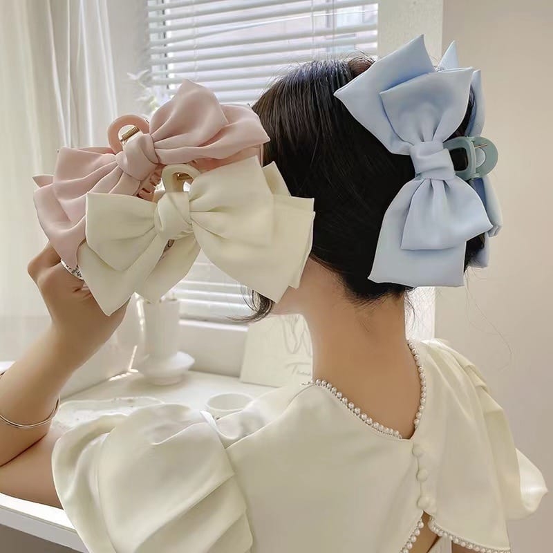 🌈Korean Big Double Side Solid Satin Chiffon Hair Bows Clips Claw for Girls HAIR Accessories 👑